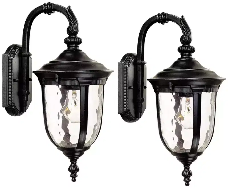 John Timberland Bellagio Vintage Outdoor Wall Light Fixtures Set of 2 Texturized Black Downbridge 16 1/2 Clear Hammered Glass for Post Exterior Barn