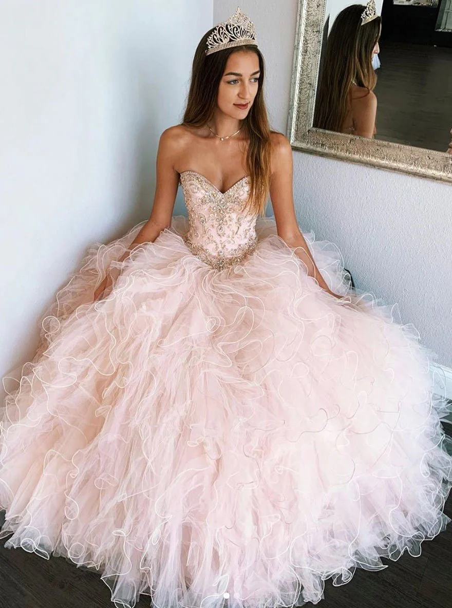 Pink Sweetheart Sleeveless Tulle Prom Dresses