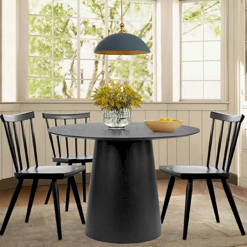Round Pedestal Dining Table - Black/Natural, White Oak Veneer, Seats 4