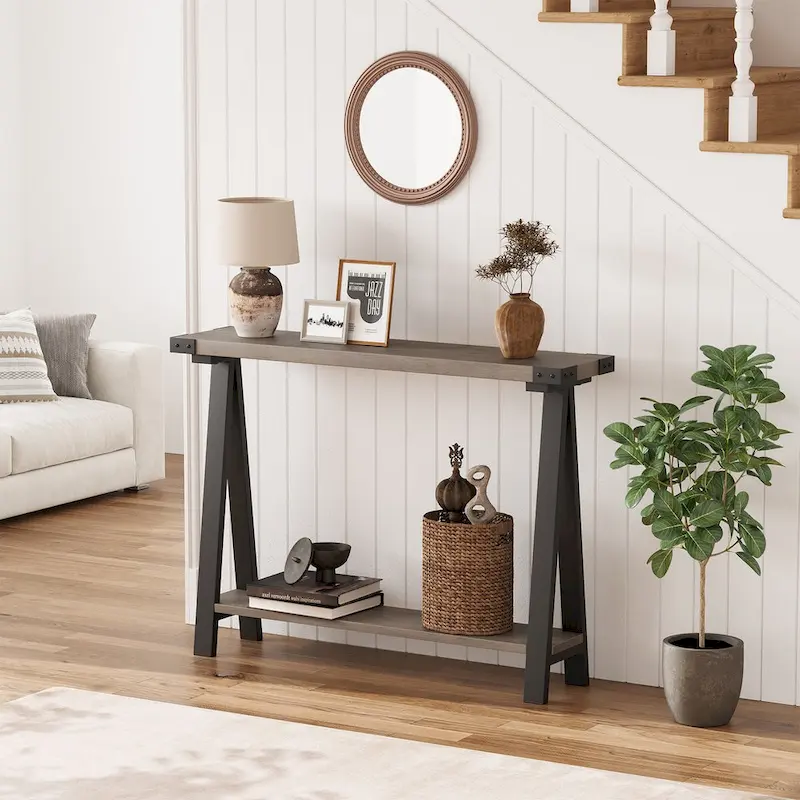 Brown & Grey 2-Tier Console Table with Storage Shelf, V-Leg Style, 1-Person Assembly