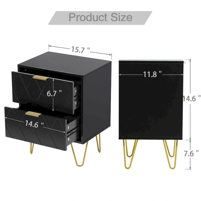 Set of 2 Nightstand 2 Drawer End Side Table Bedside Metal Legs Modern Bedroom Living Room