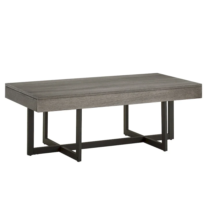 Wood Finish Coffee Table with Two Drawers - Black Metal Frame