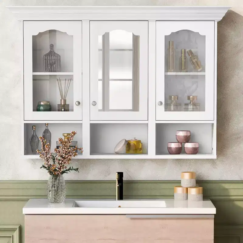 CASAINC 47 Wall Mounted Cabinet with Mirror, 3 Adjustable Shelves and Open Storage Compartments