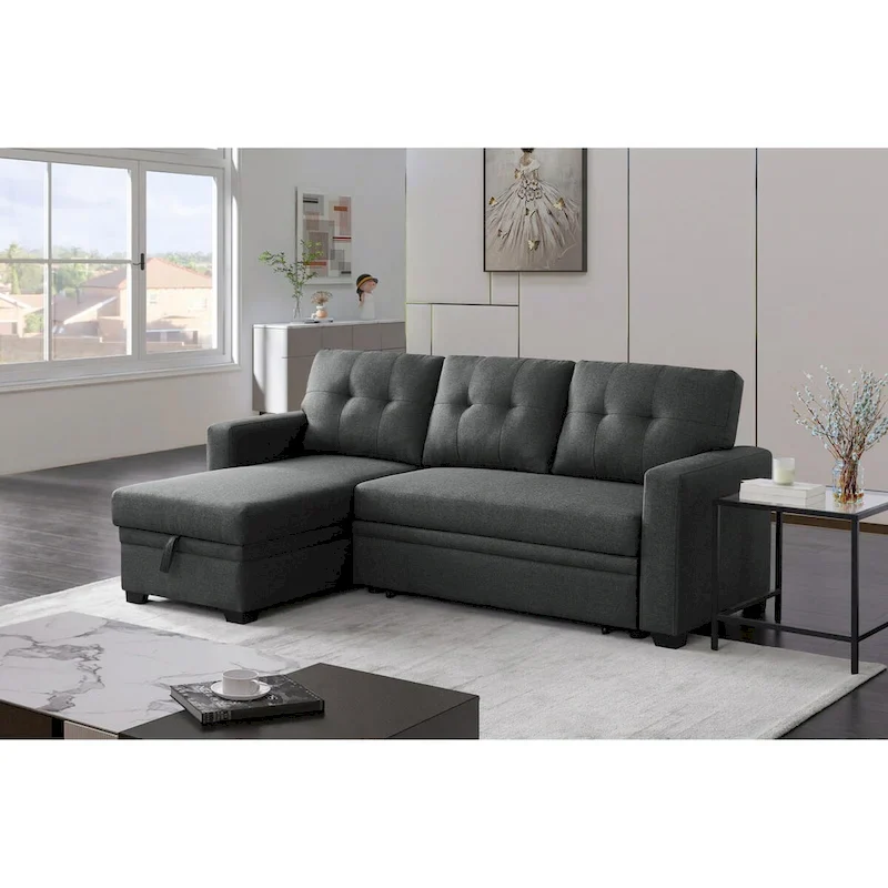 Upholstered Pull Out Sectional Sofa with Chaise - 82 W x 53 D x 34.5 H