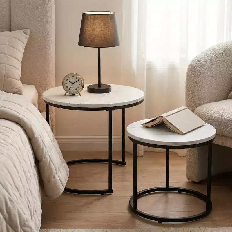 Nesting Coffee Table Set of 2, 27.6 Round Marble Pattern Wood Top with Metal Frame, Side End Tables, White