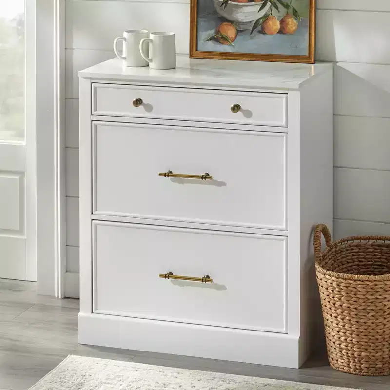 Lifestorey Monza Modular Cabinet with Faux Marble Top 3 Drawers White: Farmhouse Style Sideboard, Faux Marble Top, MDF Frame