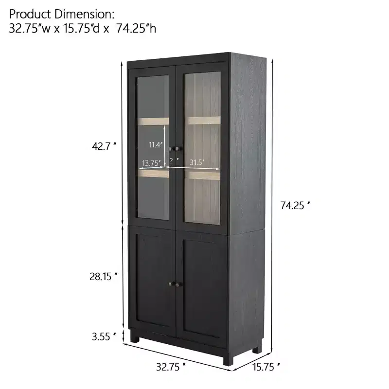 Okak Modern Display Buffet Cabinet with Glass Doors & Adjustable Shelves, Bookshelves Pantry Cabinet for Kitchen/Hallways/Living Room