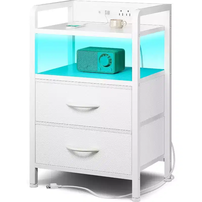 Nightstand with 2 Fabric Drawers and Open Shelf, Metal Frame and MDF Top Bedside Table, End Table for Bedroom or Living Room