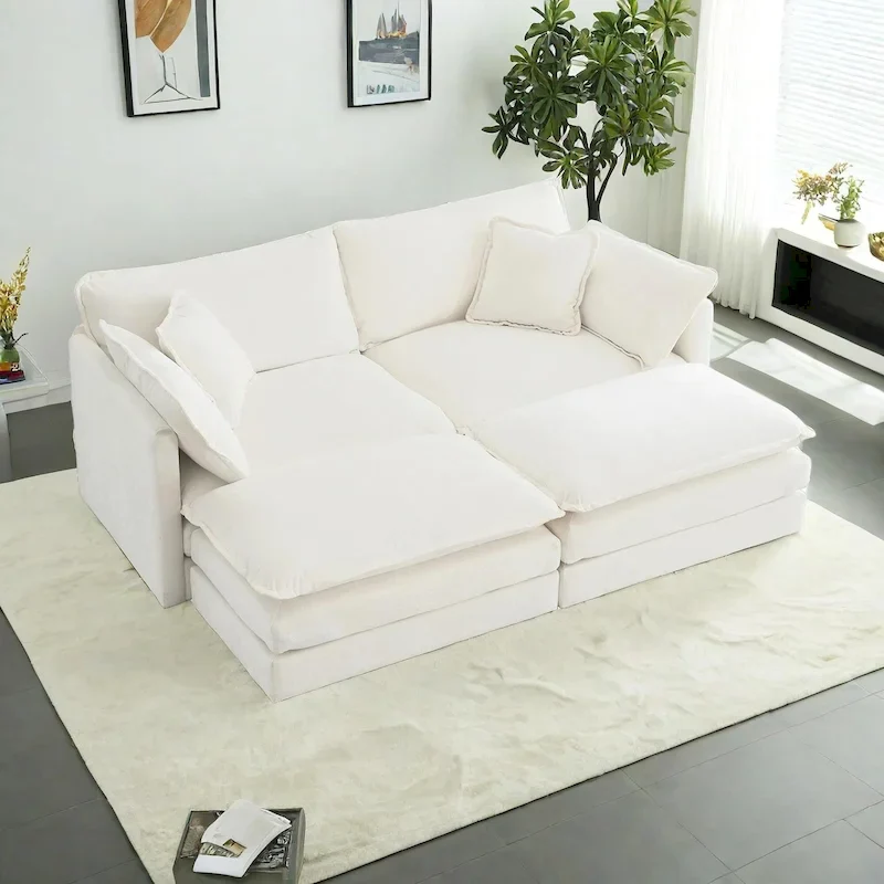 4-Piece Modular Chenille Upholstered Sleeper Sectional Sofa Bed with Ottoman