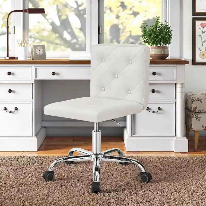 Armless Office Desk Chair, PU Leather Mid-Back Adjustable Height 360 Rolling Swivel for Home Office Work