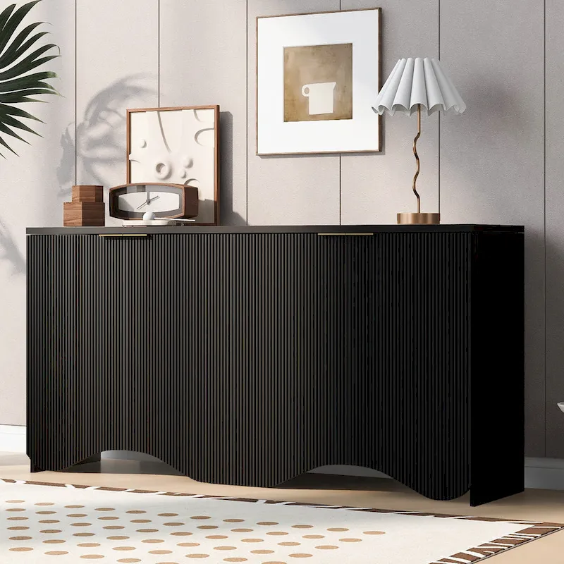 4-Door Sideboard Cabinet – Vertical Stripe & Wavy Panel, Navy Blue / White / Black, Seats 1