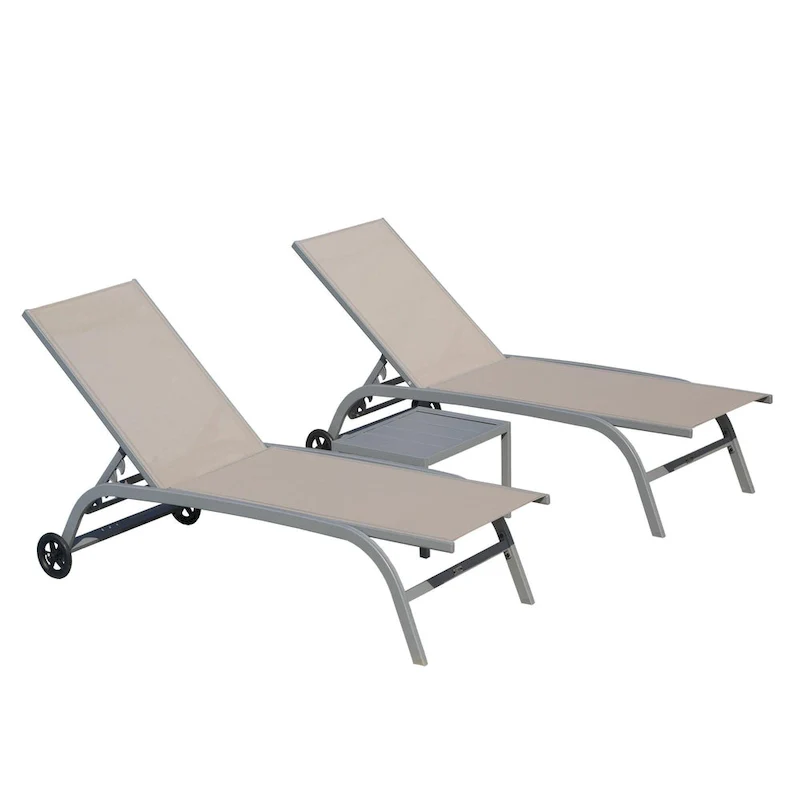 Chaise Lounge Outdoor Set of 3 with Wheels, 5 Adjustable Position, Pool Lounge Chairs with 1 Table for Patio, Beach, Iawn