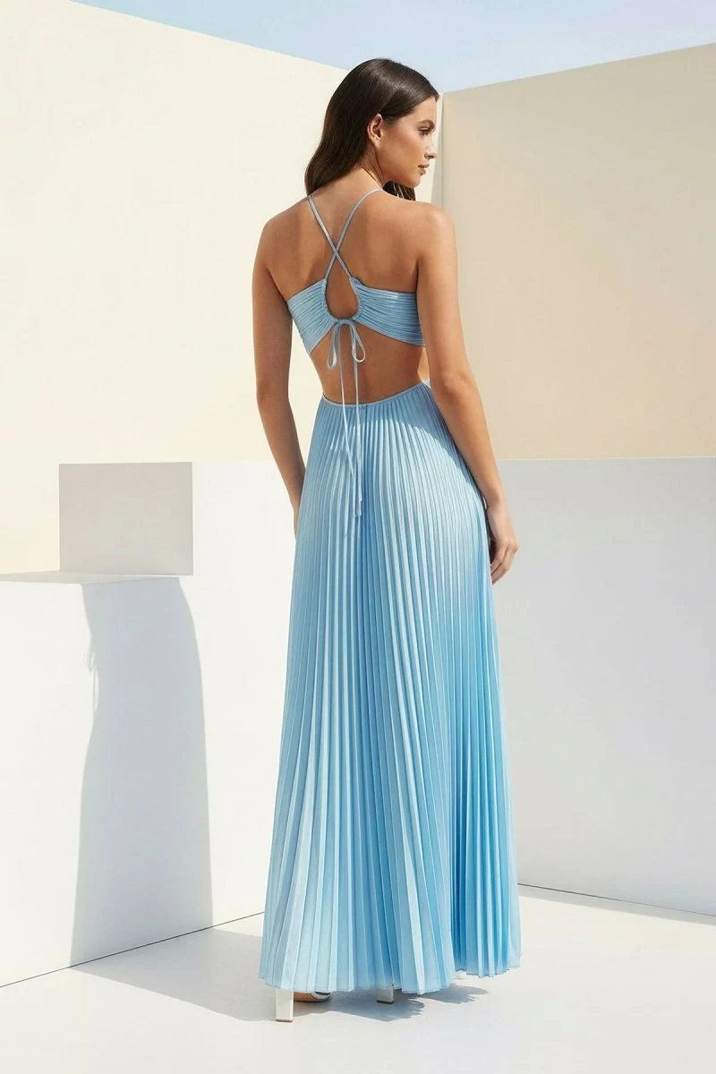 Sky Blue Halter Pleated Satin A Line Prom Dresses With Cutout