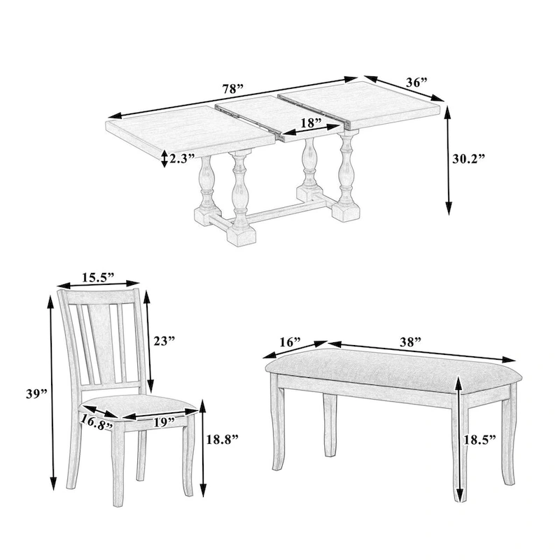Traditional 6-Piece 78inch Trestle Extendable Dining Table Set