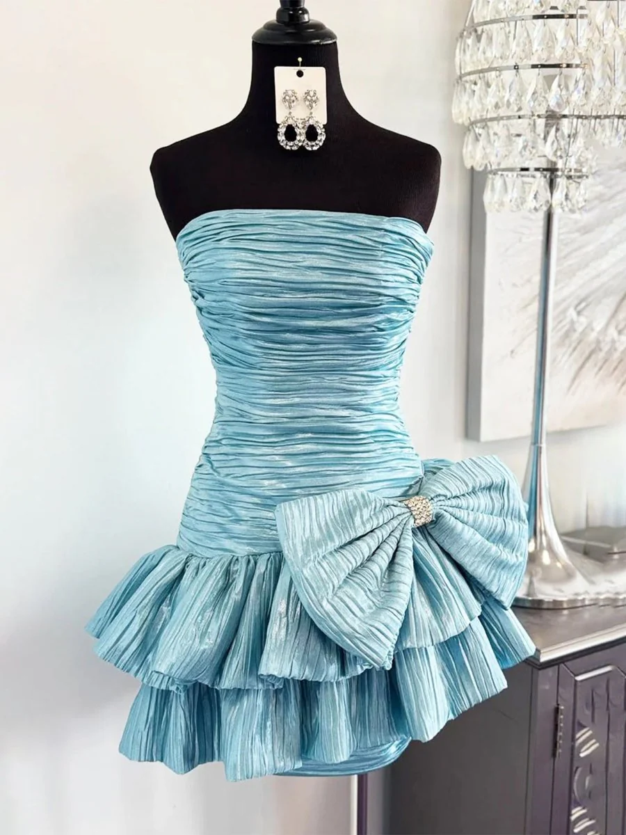 Sky Blue - A Line Strapless Pleats Short Homecoming Dress with Bow