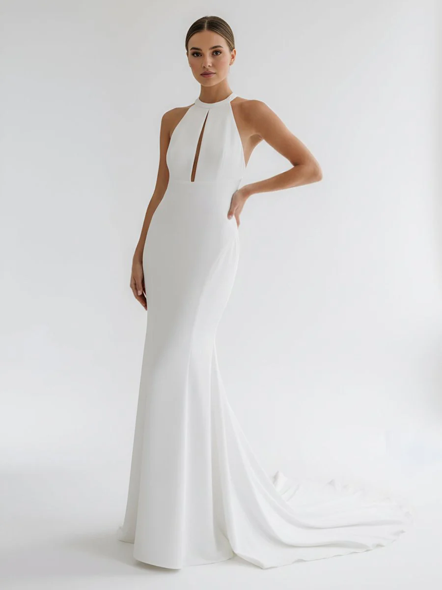 Simple White Halter Open Back Long Wedding Dress