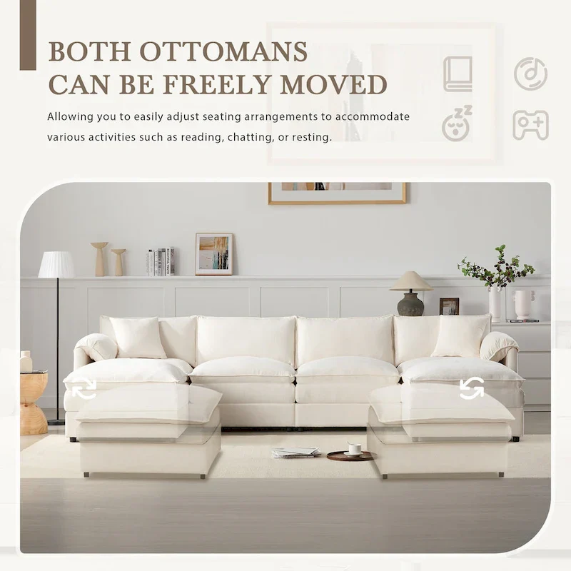 136 U-Shaped Chenille Cloud Sectional Sofa with Dual Ottomans