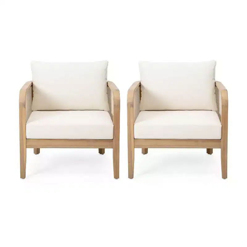 Christopher Knight Home Linksy 2pc Modern Patio Acacia Club Chair Set Water Repellent Cushion