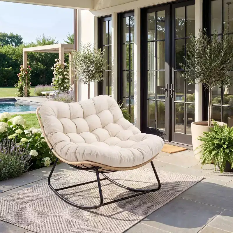 Reinforced Steel Patio Rocking Chair, Weather-Resistant Rattan, UV-Proof Cushion, 450 Lbs Capacity, Yellow Rattan with Beige Cushion