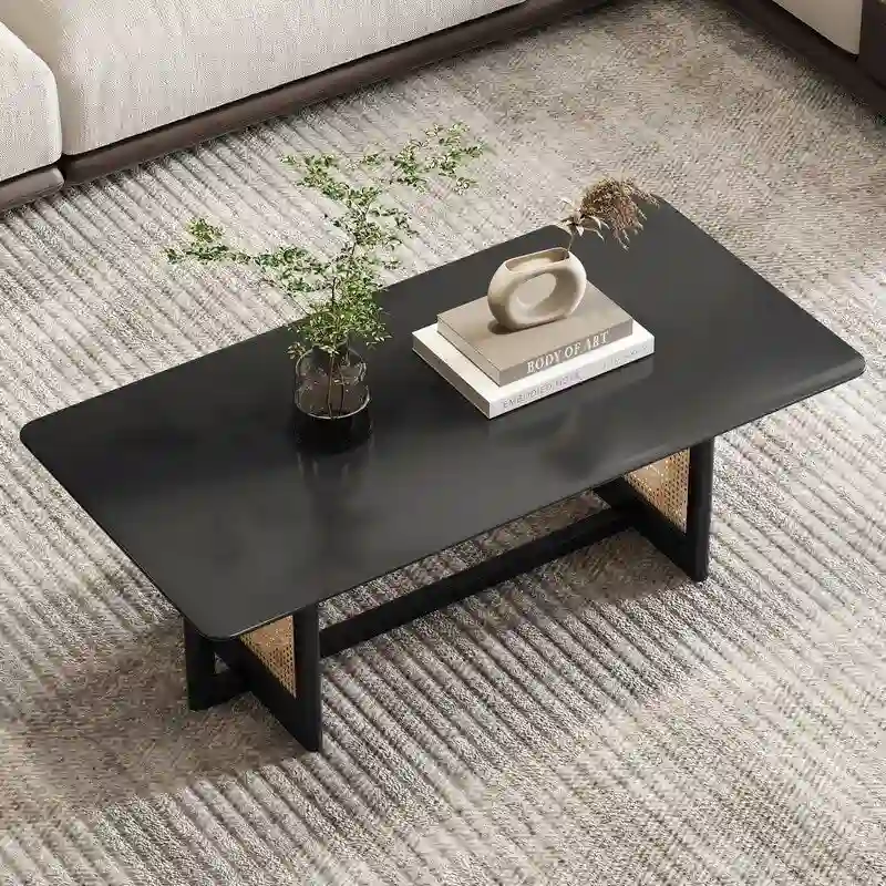 Low Coffee Table with Wood Frame and Rattan-Style Surface