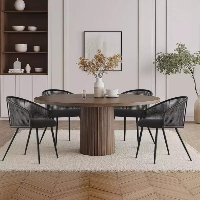 Upholstered Dining Chairs Set of 4, Comfortable Rattan Kitchen Armchair with Soft Boucl Fabric Seat & Black Metal Legs - Panipeachy