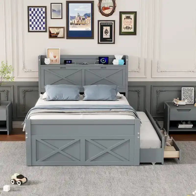 Storage Wooden Bed with Twin Size Trundle and Three Storage Drawers