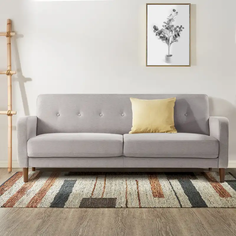 Grey / Ivory / Heather Blue Tufted Linen Sofa with Armrest Pockets — 2-Seat