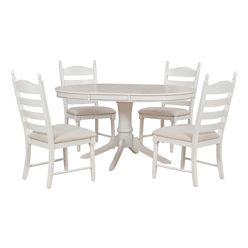 5 Piece Round Dining Table Set, Solid Wood Kitchen Table and Chair Set with Extendable Table and 4 Upholstered Chairs