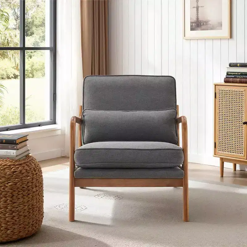 Karl Home 2Pcs Mid Century Solid Wood Accent Chair Upholstered Armchair with an Extra Pillow