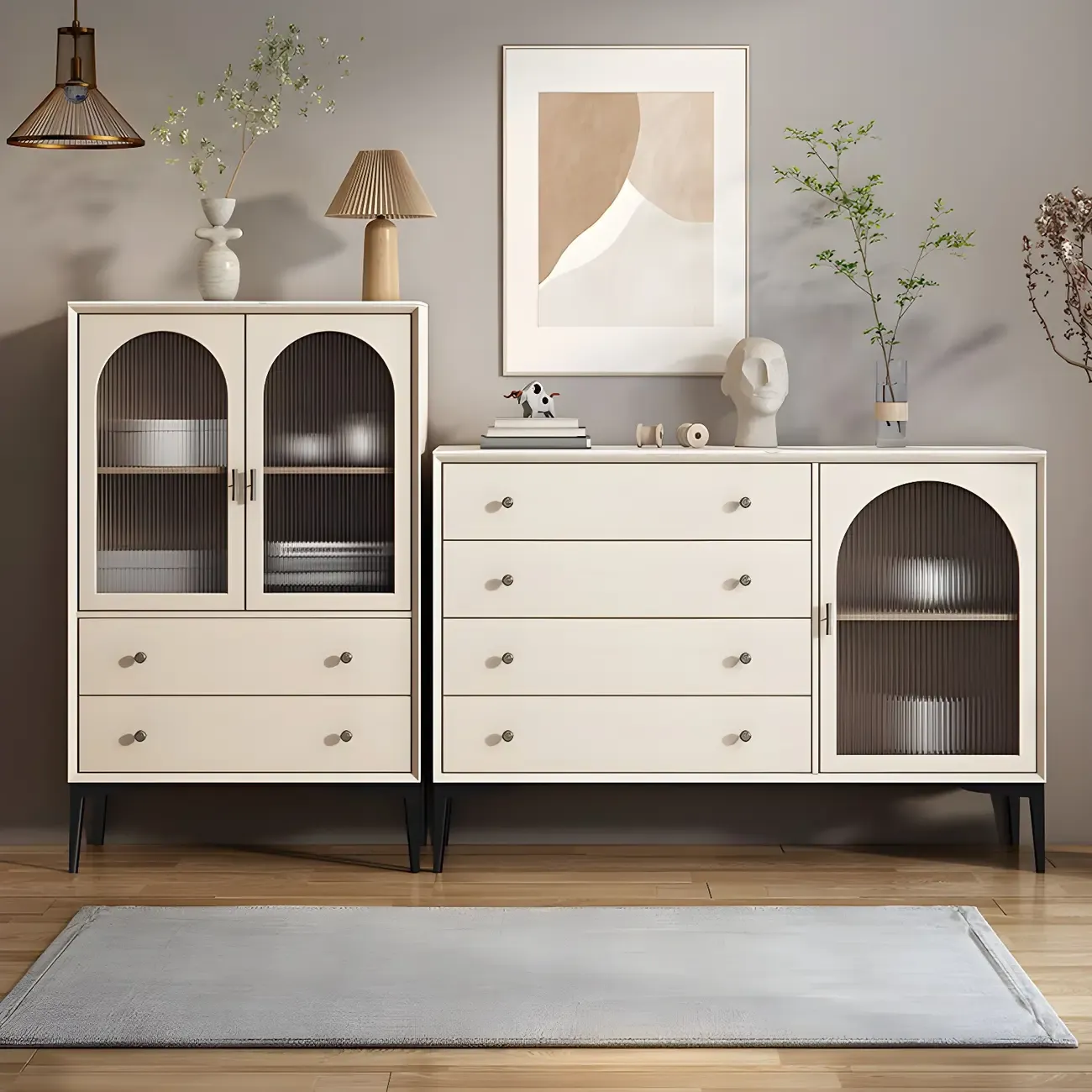 White Wood Arched Glass Door China Cabinet with Drawers