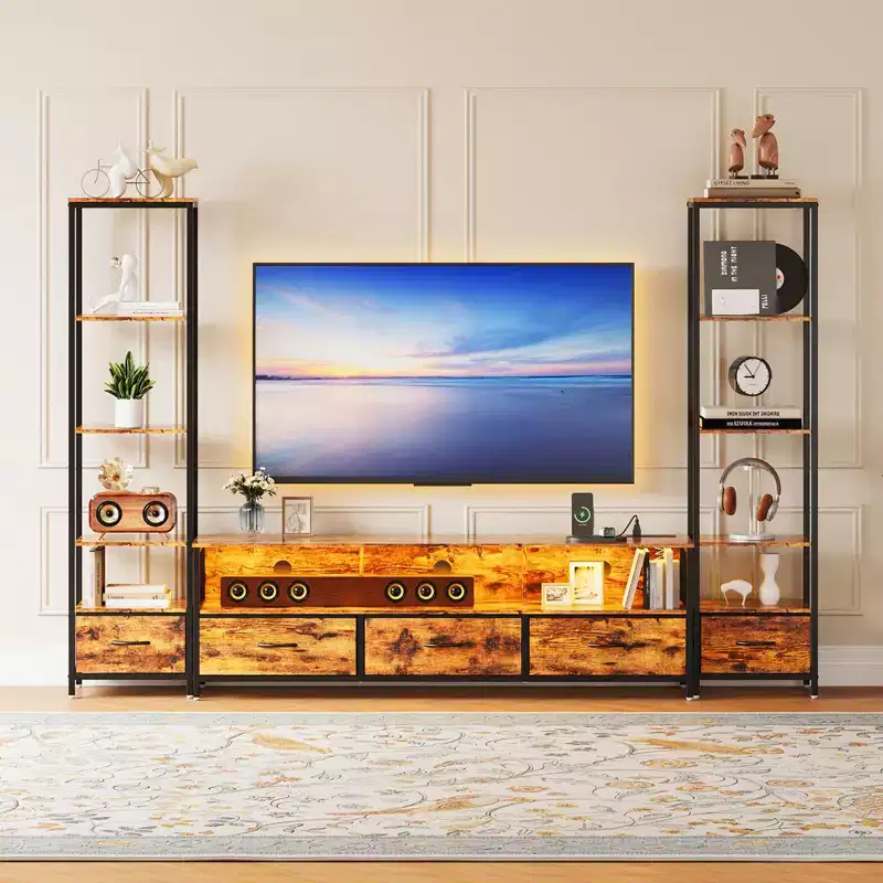 LED TV Stand with 5 Fabric Drawers & Built-in Bookshelves, Ample Storage for Media, Decor and Daily Essentials