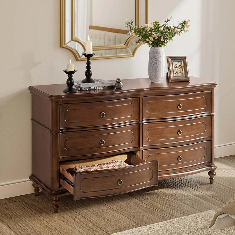 6-Drawer Dresser with Bowed Front, Gourd-Shaped Legs & Antique Bronze Pulls | Walnut | Single