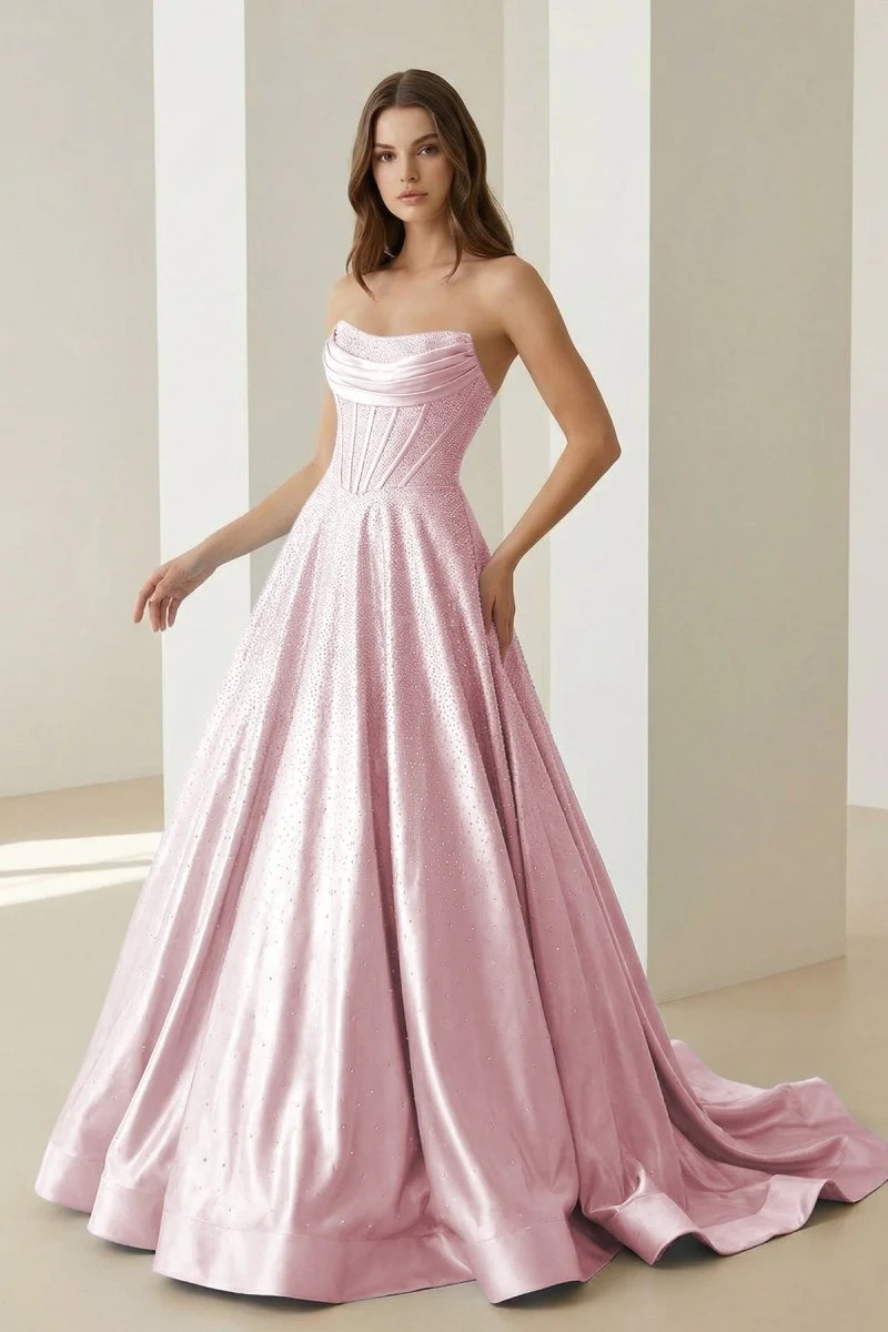 Pink - Strapless A Line Satin Beaded Long Prom Dresses With Pockets