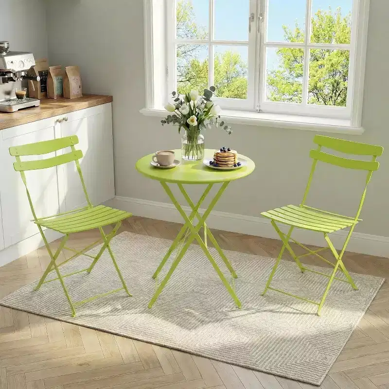 GustoWave 3-Piece Foldable Metal Bistro Set With Round Table, 2 Chairs