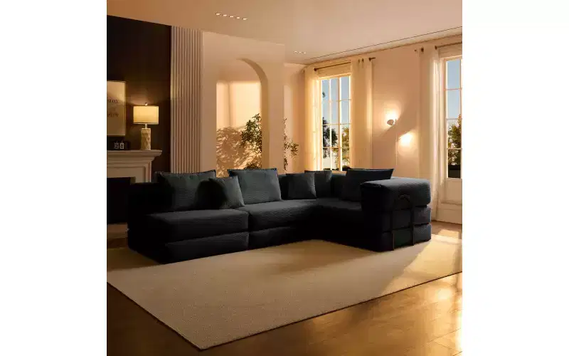 MooxvMoo 118.2 Modular L-Shaped Sectional Sofa Set, 118.2 Inch Oversized Couch with 6 Pillows, Upholstered Floor Sofa, Black