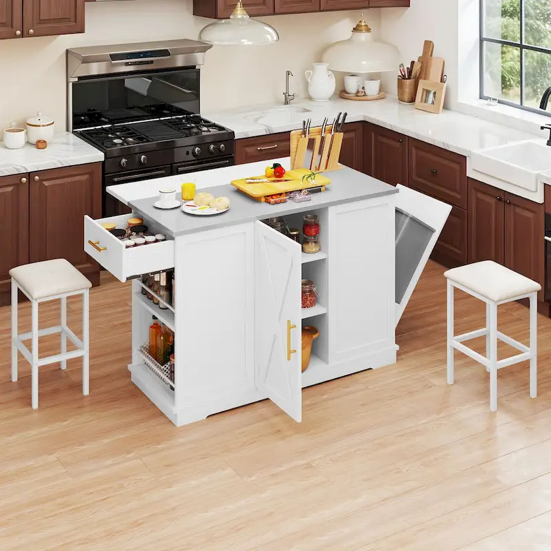 Moasis Rolling Kitchen Island with Trash Can Storage Cabinet and 2 Bar Stools