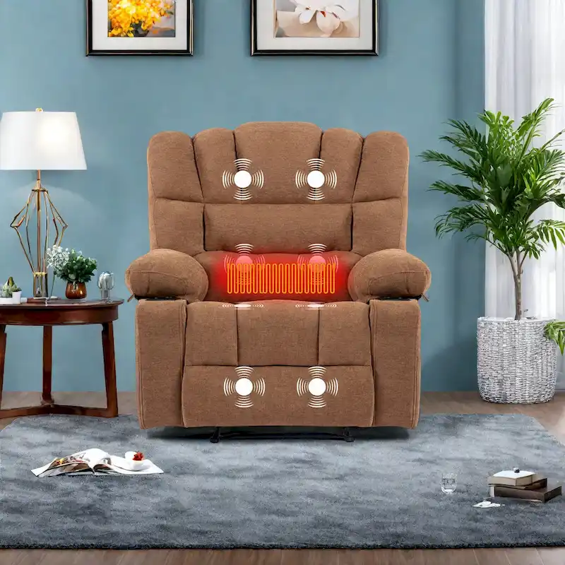 Chenille Manual Recliner Chair with Massage and Lumbar Heating, Dual Cup Holders, Side Pockets