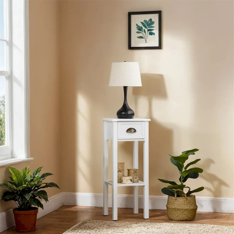 2-Tier Narrow Side Table with Drawer and Bottom Shelf