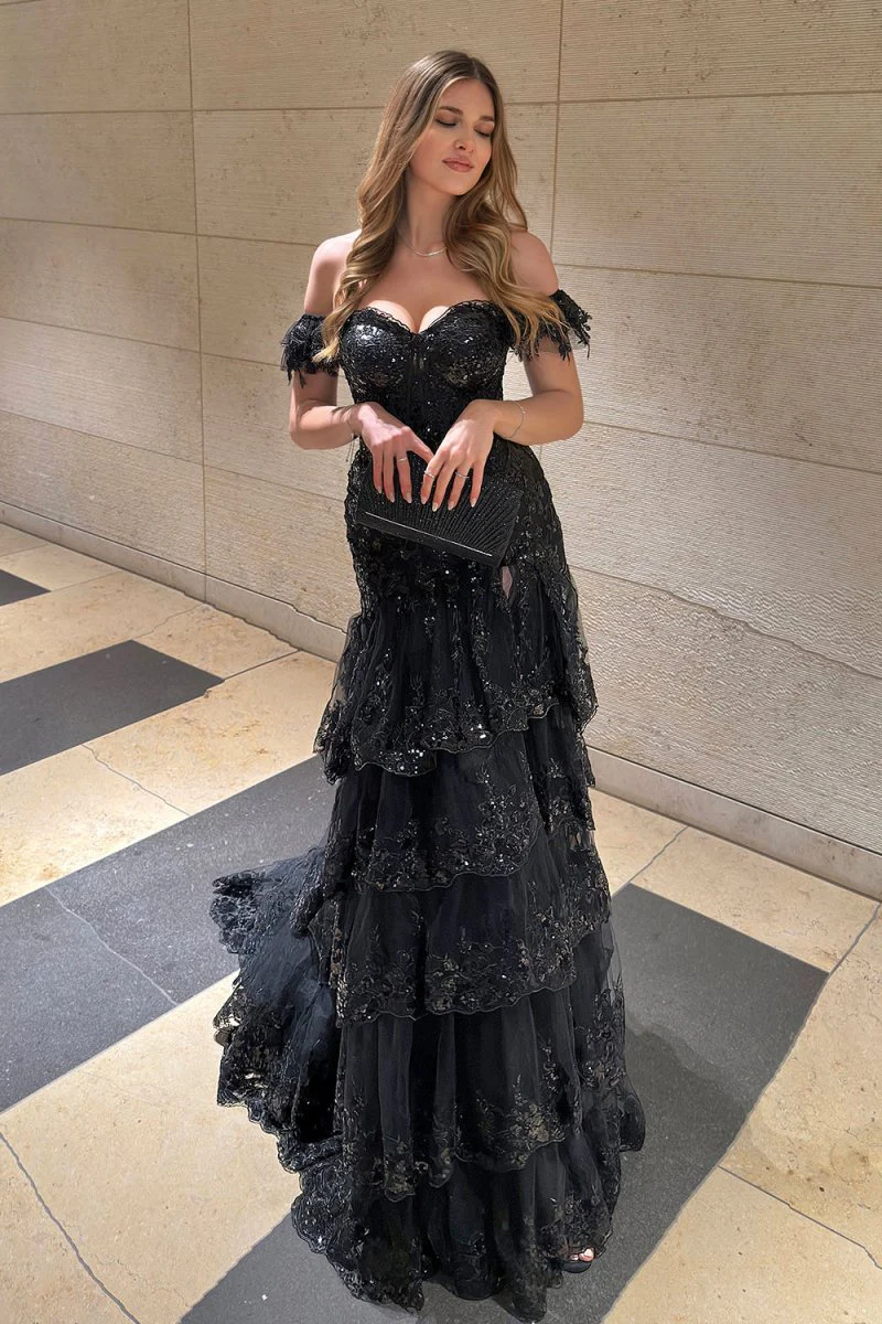 Sheath Off the Shoulder Long Lace Prom Dress (Lace-up Back)