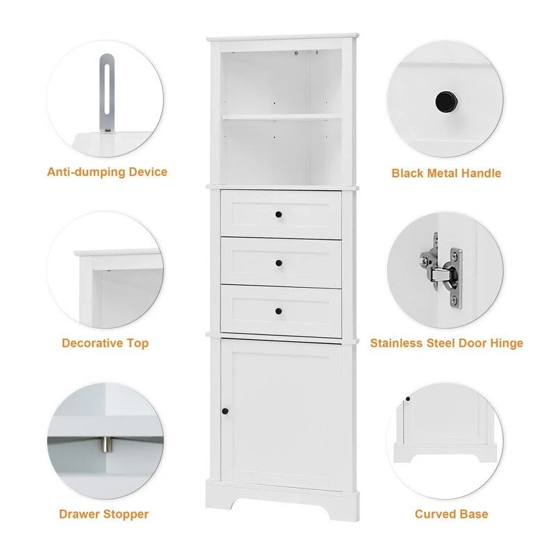 Triangle Tall Bathroom Cabinet with 3 Drawers and Adjustable Shelves