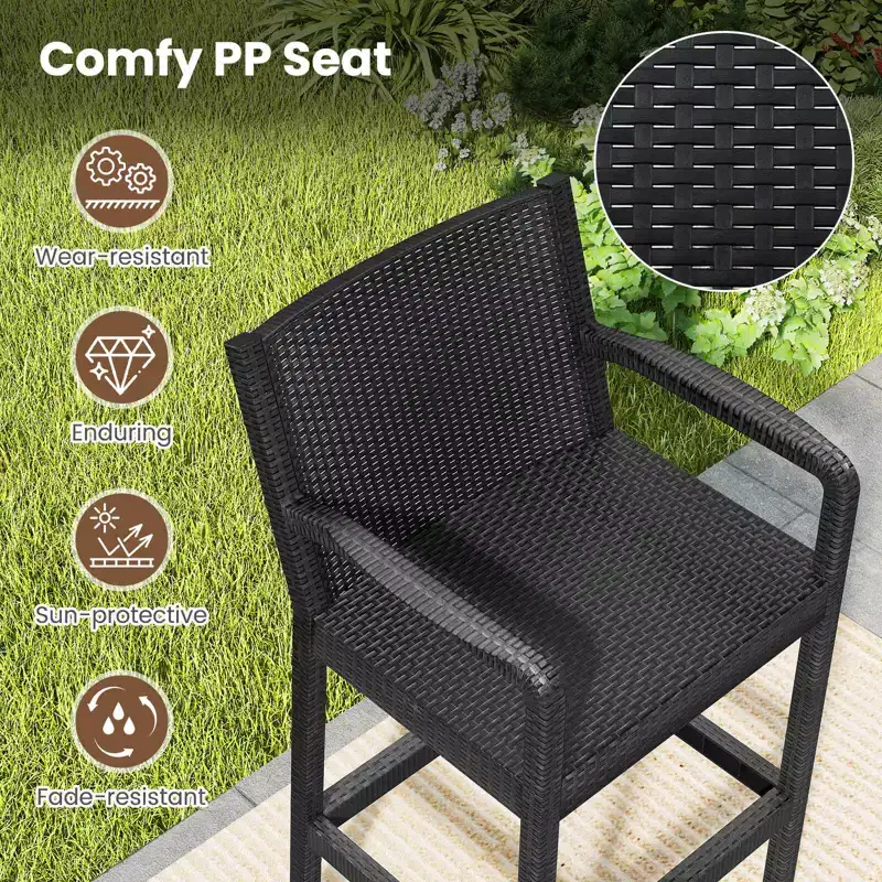 Costway 3 Pieces Patio Bar Set with 2 Stools & 1 Bar Table Curved Backrest Armrests