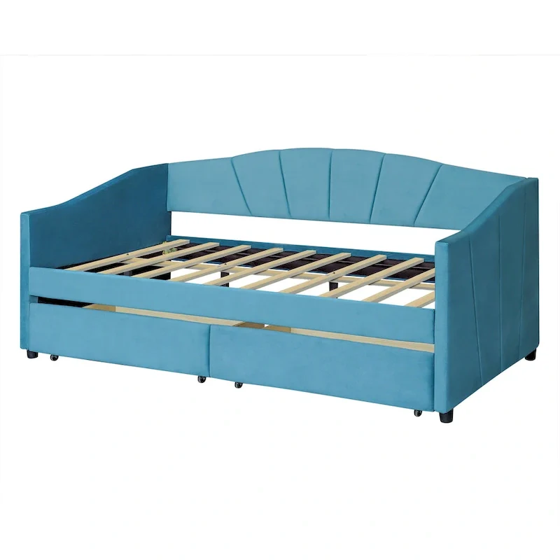 Twin Velvet Daybed with Drawers & Wood Slats