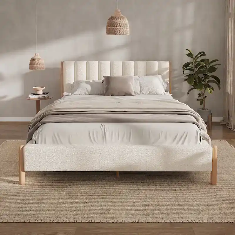 White Upholstered Queen Bed Frame with Wooden Legs (Single)