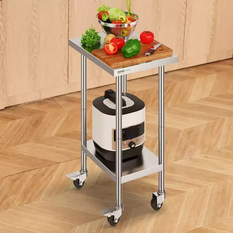 VEVOR Stainless Steel Work Table 24 x 18 x 38 Inch, with 4 Wheels, 3 Adjustable Height Levels, Heavy Duty Food Prep Worktable, Silver