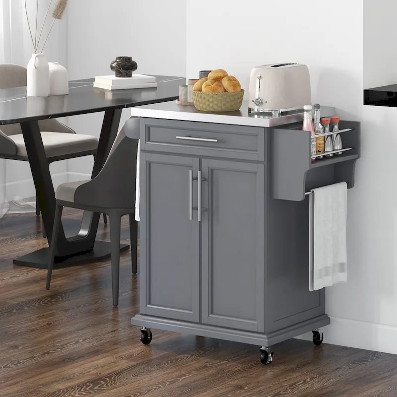 HOMCOM Kitchen Island on Wheels, Rolling Kitchen Cart with Stainless Steel Countertop, Drawer, Gray