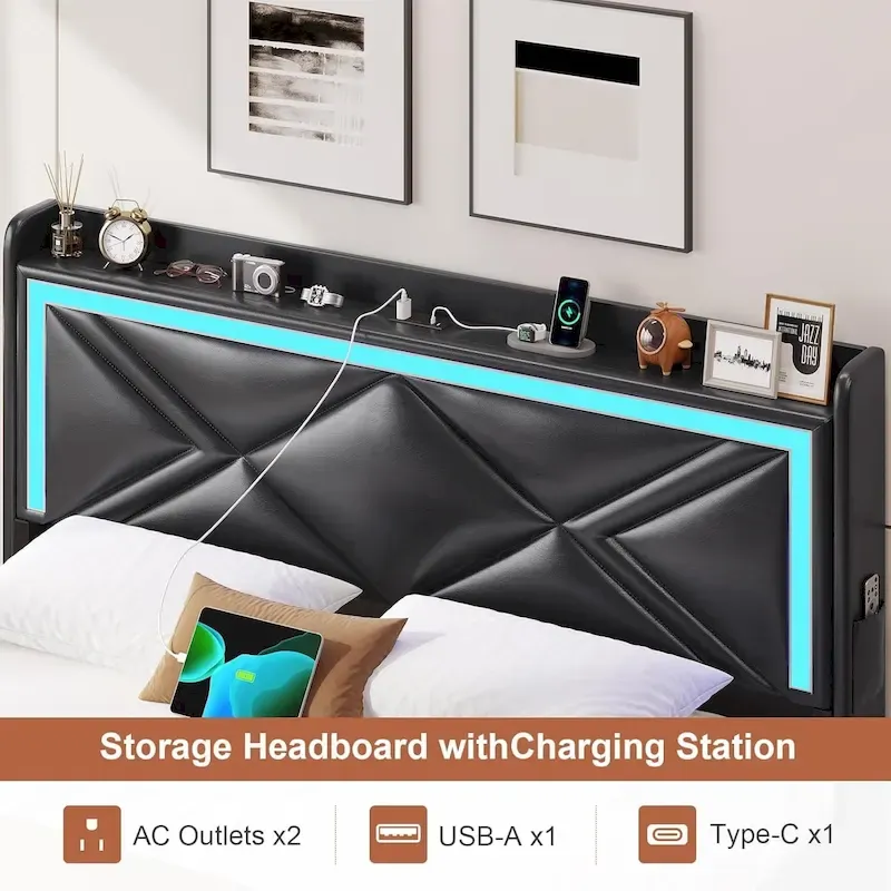 Bed Frame LED Lights Headboard & USB-C/A Charging Station 4 Drawers