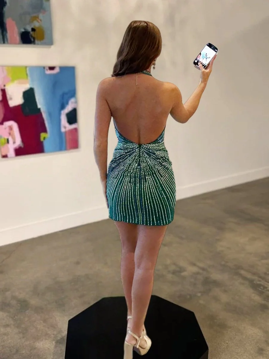 Green - Sheath Halter Beaded Mini Party Dresses with Slit