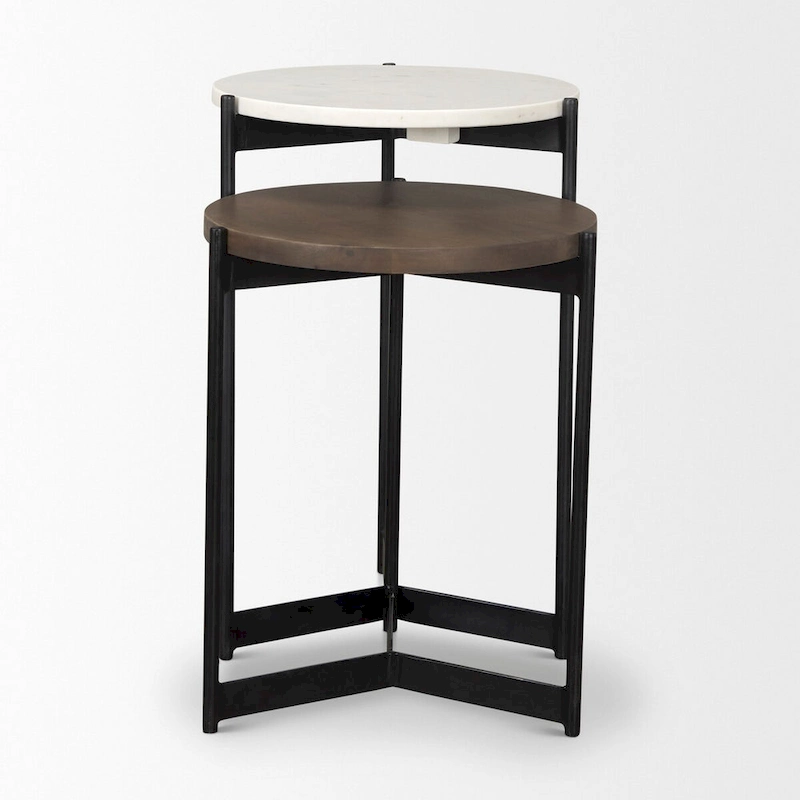 Larkin Marble & Dark Brown Wood Tabletop Nesting End/Side Tables