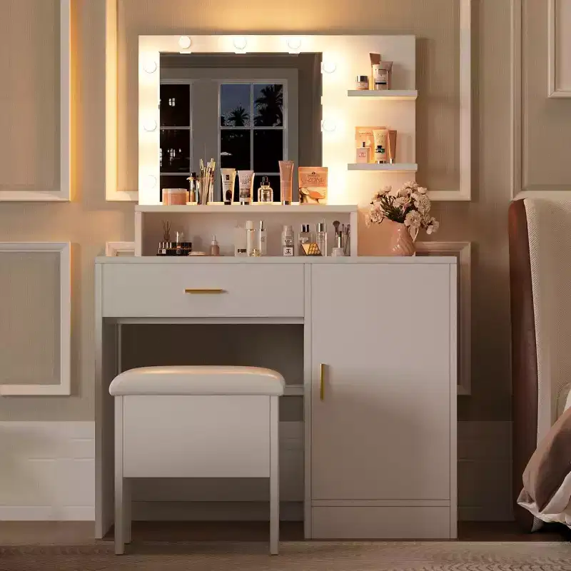 Acekool Vanity Desk with Mirror & 9 LED Lights, 4 Drawers, 3 Shelves, Makeup Table for Bedroom, White