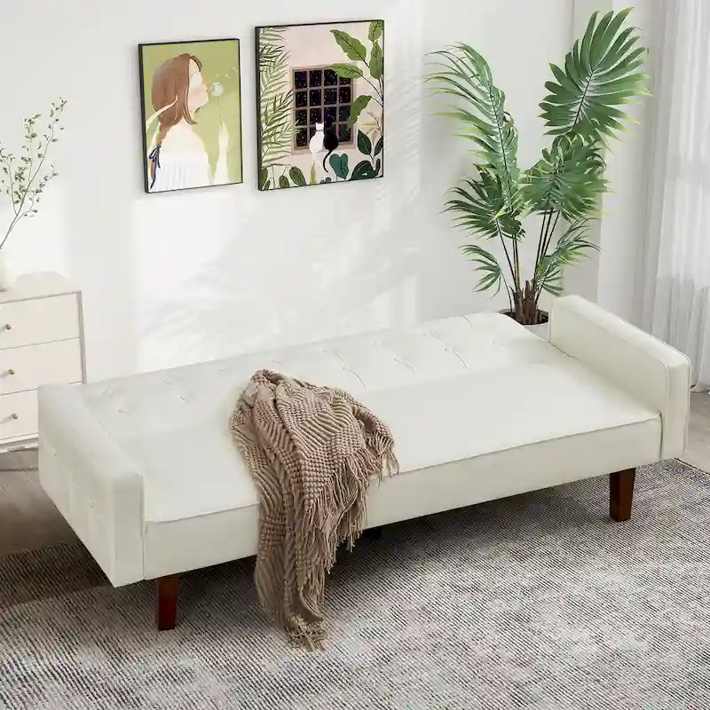 74.4 L Faux Leather Full Handcrafted Button Tufted Sofa 3-Seat, Convertible Sleeper Couch Adjustable Backrest